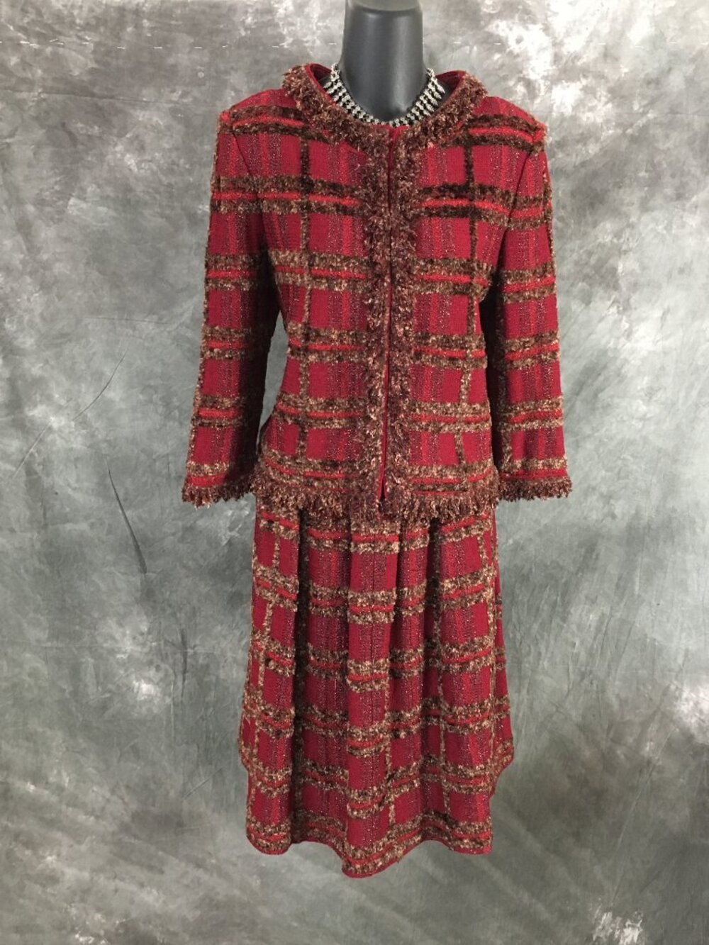NWT NEW st john collection knit red wine multi fringe jacket skirt suit size 6 - Picture 2 of 8